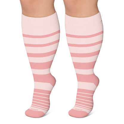 Plus Size Color Blocking Stripe Compression Socks - Pink - 4XL - image 5