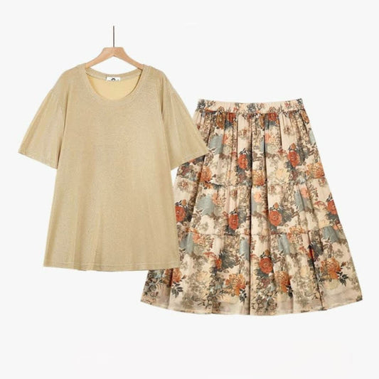 Plus Size Vintage Floral Two Piece Skirt Set - 2Pcs Set - 6XL - image 0