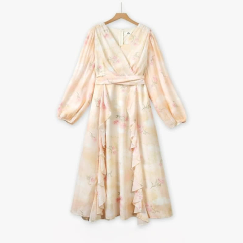 Romantic Floral Wrap Maxi Dress - Beige - 6XL - image 0