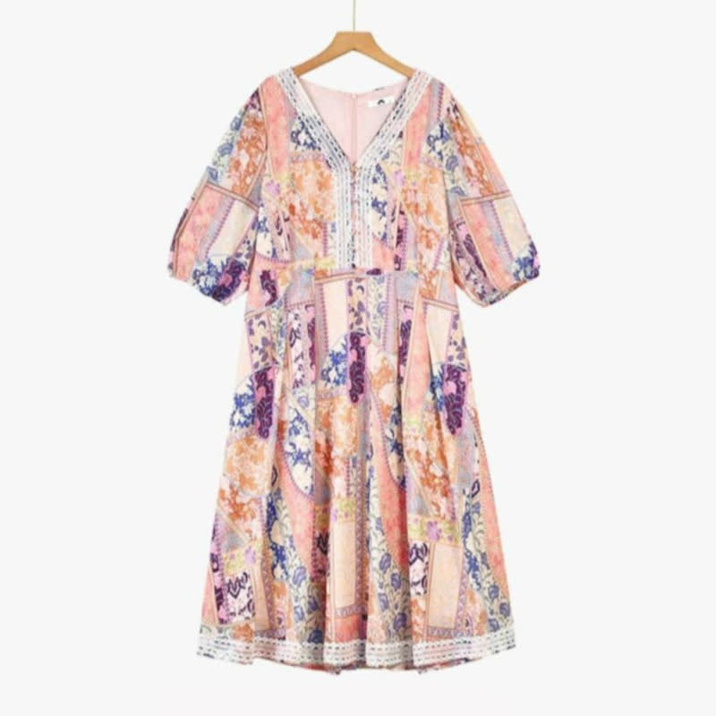 Vintage Patchwork Floral Midi Dress - Pink - 6XL - image 0