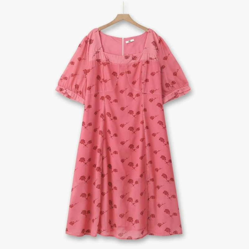 Vintage Floral Square Neck Midi Dress - Pink - 6XL - image 0