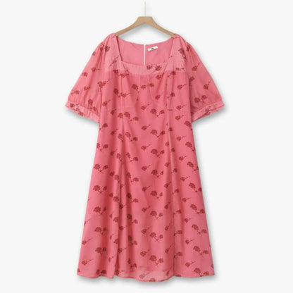Vintage Floral Square Neck Midi Dress - Pink - 6XL - image 0