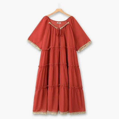 Boho Lace Trim Maxi Dress - Red - 6XL - image 0