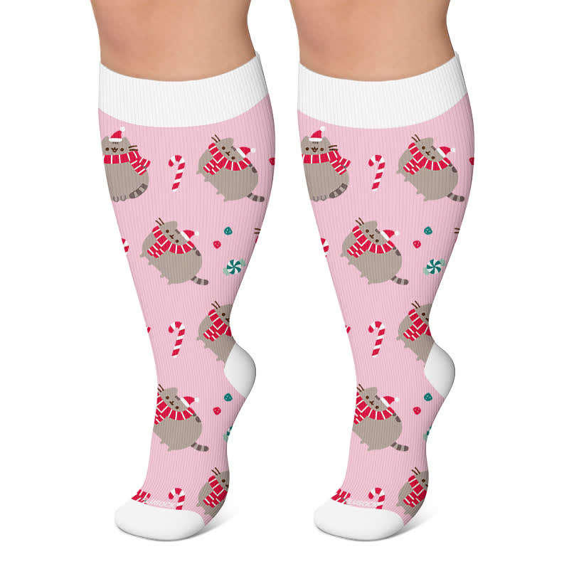 Plus Size  Christmas Cute Cat Compression Socks - Pink - 4XL - image 6