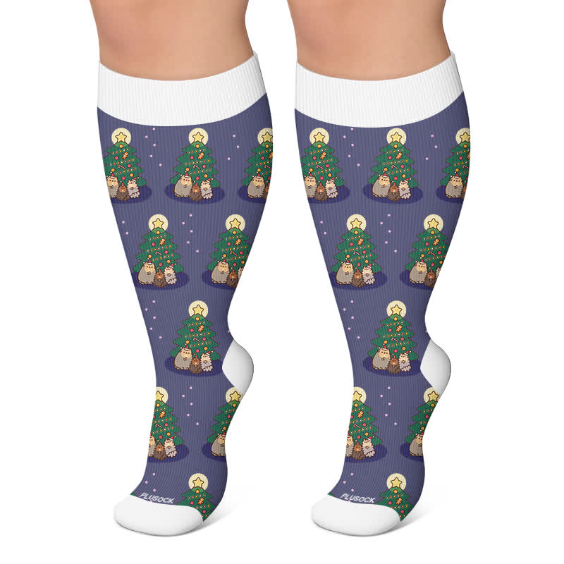 Plus Size  Christmas Cute Cat Compression Socks - Navy Blue - 4XL - image 4