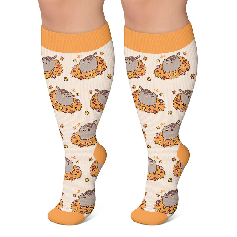 Plus Size Cats Pumpkins Fall Compression Socks - Orange - 4XL - image 4