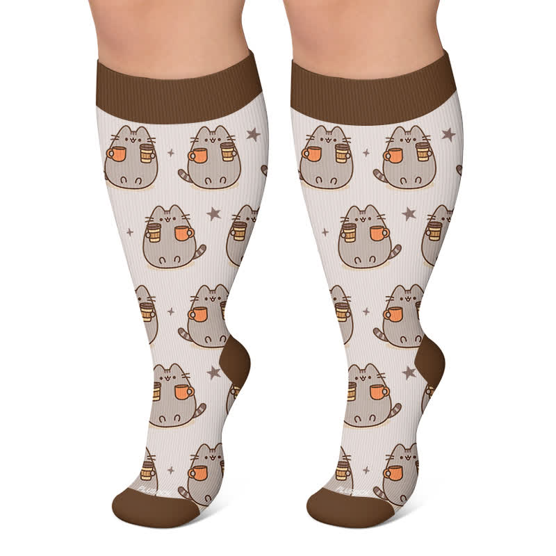 Plus Size Cats Pumpkins Fall Compression Socks - Coffee - 4XL - image 6