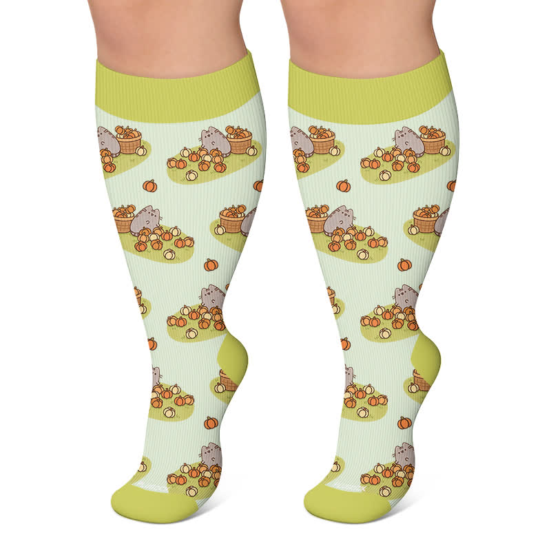 Plus Size Cats Pumpkins Fall Compression Socks - Green - 4XL - image 5