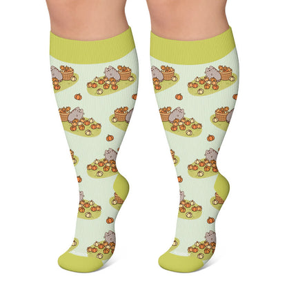 Plus Size Cats Pumpkins Fall Compression Socks - Green - 4XL - image 5