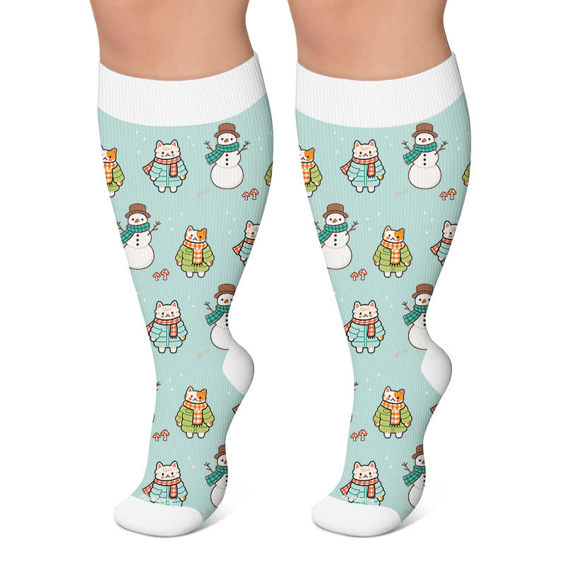 Plus Size Snowman Cat Compression Socks - Green - 4XL - image 4