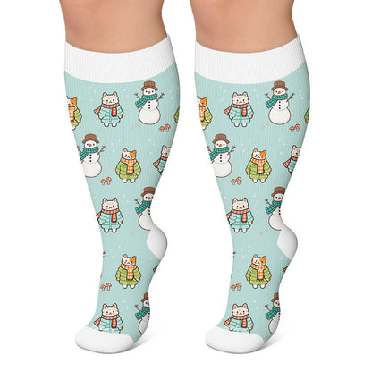 Plus Size Snowman Cat Compression Socks - Green - 4XL - image 4