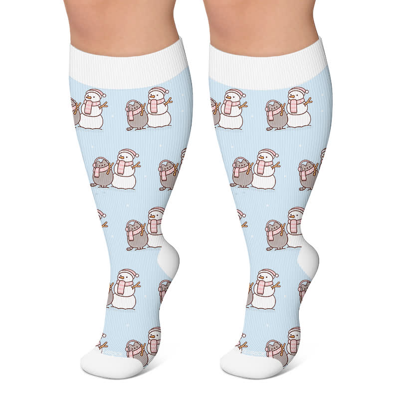 Plus Size Snowman Cat Compression Socks - Blue - 4XL - image 6
