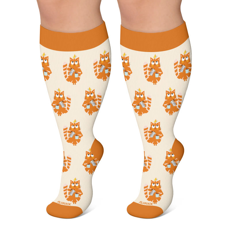 Plus Size Coffee Cat Compression Socks - Orange - 4XL - image 4