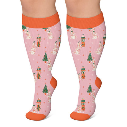 Plus Size Christmas Animal Party Compression Socks - Pink - 4XL - image 4