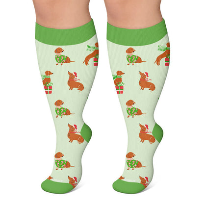 Plus Size Christmas Animal Party Compression Socks - Green - 4XL - image 5