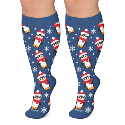 Plus Size Festive Penguin Compression Socks - Navy Blue - 4XL - image 4