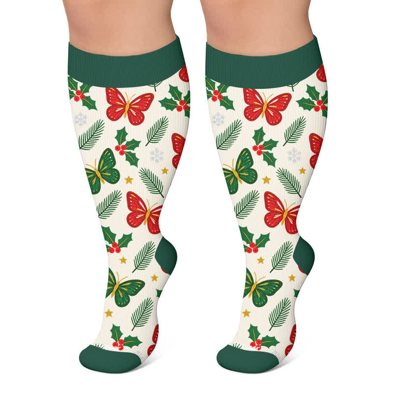Plus Size Christmas Butterfly Dog Compression Socks - Green - 4XL - image 6