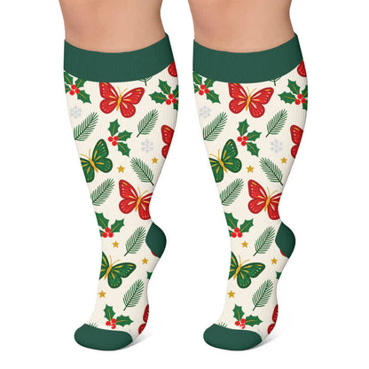 Plus Size Christmas Butterfly Dog Compression Socks - Green - 4XL - image 6