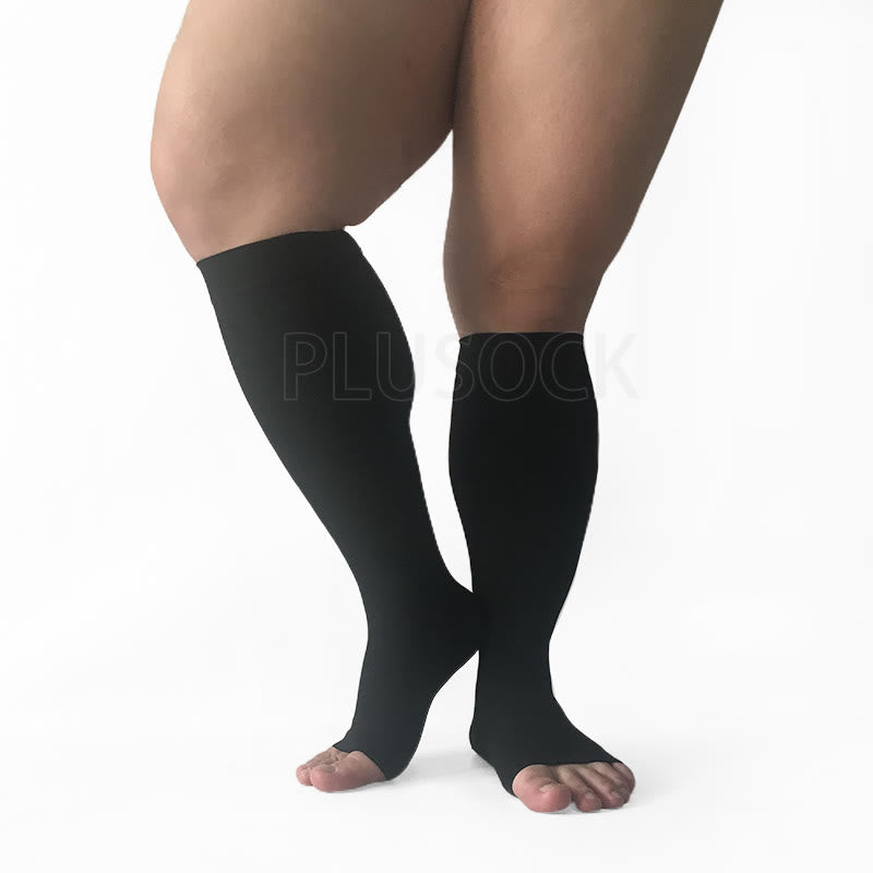Plus Size Compression Socks Wide Calf Open Toe - Black - 7XL - image 1