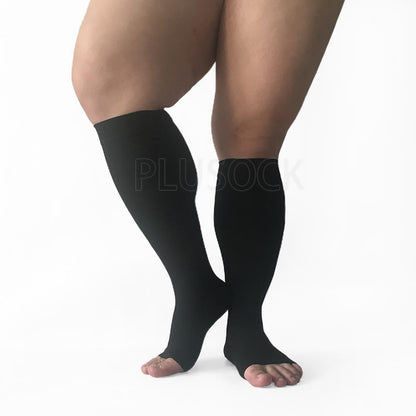 Plus Size Compression Socks Wide Calf Open Toe - Black - 7XL - image 1