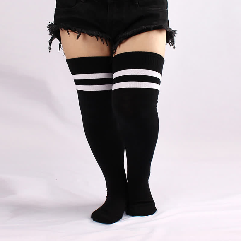 Black White Stripe Thigh High Socks - Black - One Size - image 0