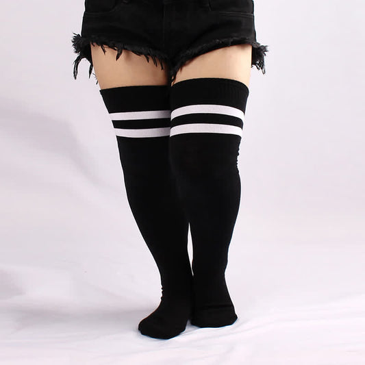 Black White Stripe Thigh High Socks - Black - One Size - image 0