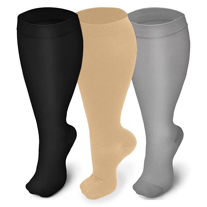 Plusock Solid Pure Color Plus Size Compression Socks 2XL-7XL(3 Pairs) - Black & Skin & Grey - 7XL - image 0