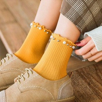Pearl Trim Ruffle Ribbed Quarter Socks(4 Pairs) - image 10