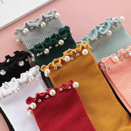Pearl Trim Ruffle Ribbed Quarter Socks(4 Pairs) - Pink+Green+Yellow+Light Green - EU36-40(US3-7) - image 9