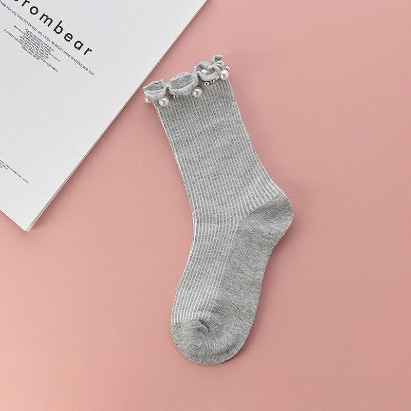 Pearl Trim Ruffle Ribbed Quarter Socks(4 Pairs) - Grey - EU36-40(US3-7) - image 7