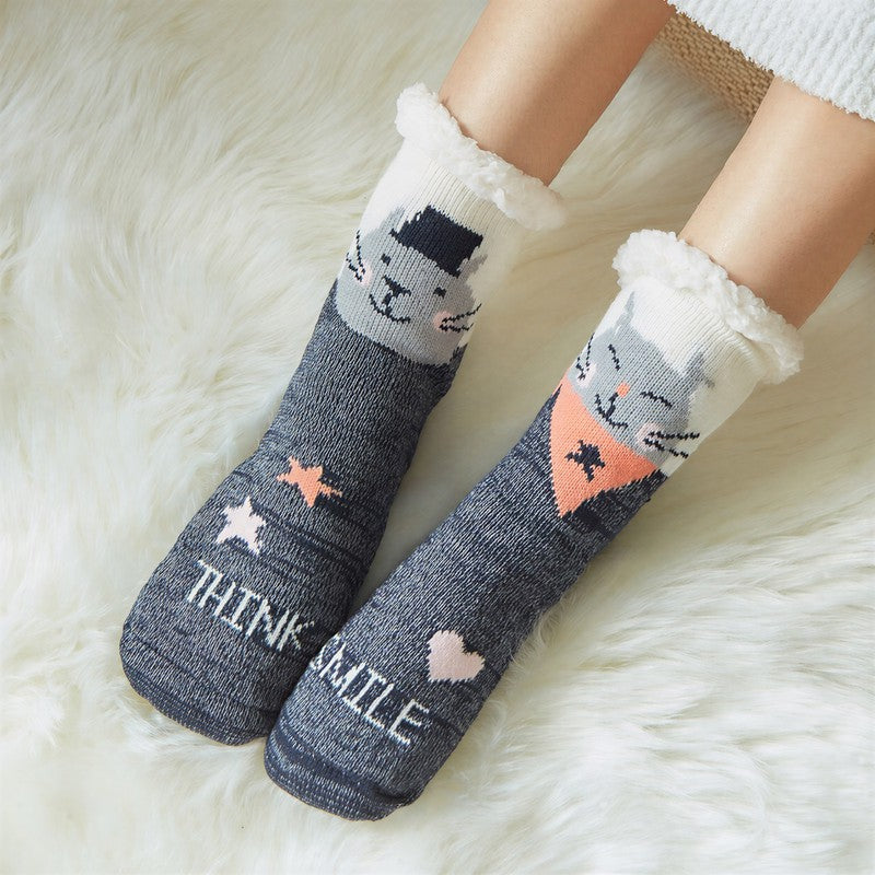 Panda Stripe Sherpa Cuff Cozy Mid Calf Slipper Socks - Grey - EU35-42(US2-8) - image 4