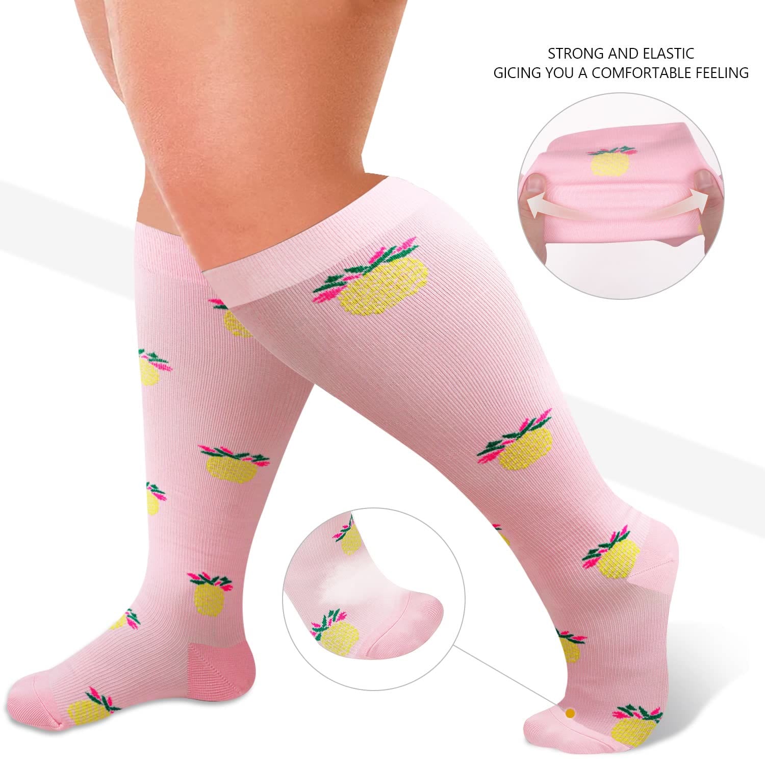Plusock Pink Pineapple Plus Size Compression Socks 2XL-7XL(3 Pairs) - image 2