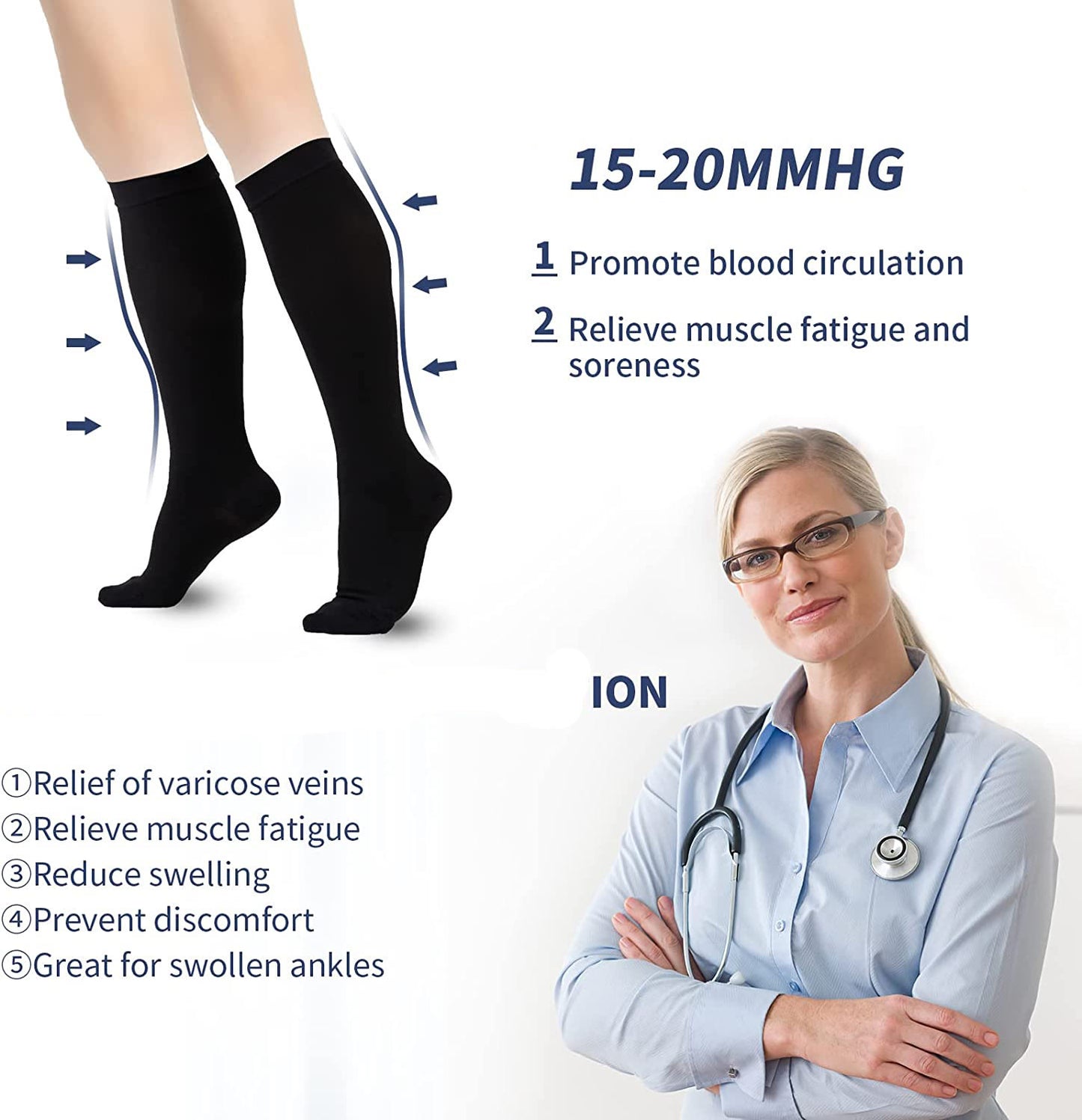 2XL-7XL Black Plus Size Compression Socks(15-20mmHg)