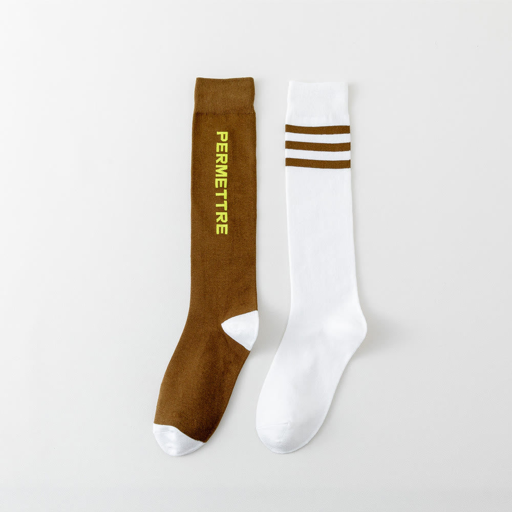 Mixed Color Cotton Plus Size Compression Socks(3 Pairs) - Unisex - Coffee&White - image 19