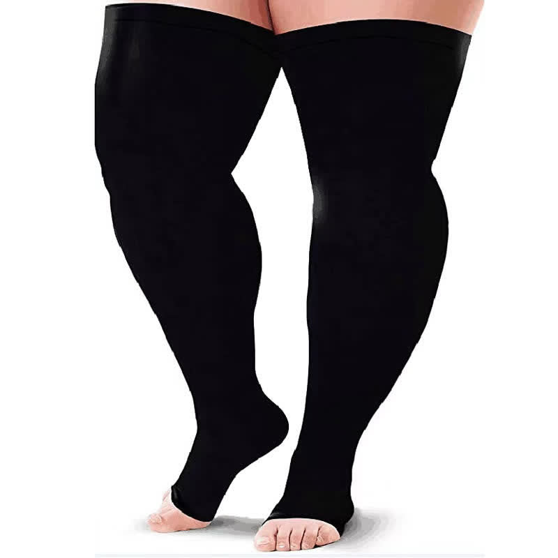 Plus Size Thigh High Open Toe Compression Socks(2 Pairs) - Black - 7XL - image 0