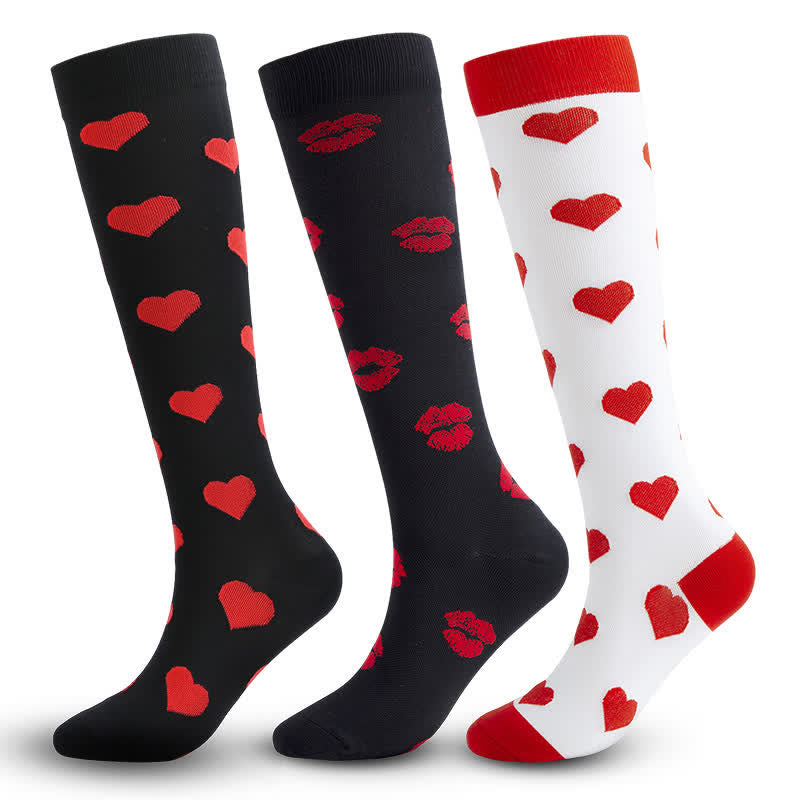 Red Heart&Lip Print Compression Socks(3 Pairs) - image 0