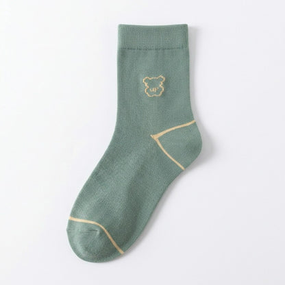 Cute Bear Embroidered Cotton Quarter  Socks(5 Pairs) - Green - EU35-40(US2-7) - image 9