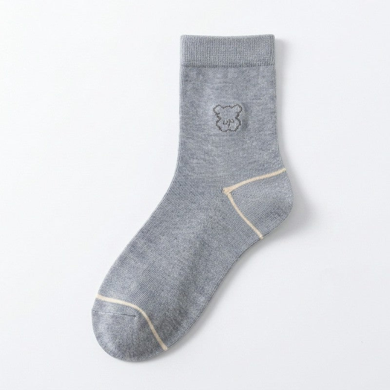 Cute Bear Embroidered Cotton Quarter  Socks(5 Pairs) - Grey - EU35-40(US2-7) - image 8