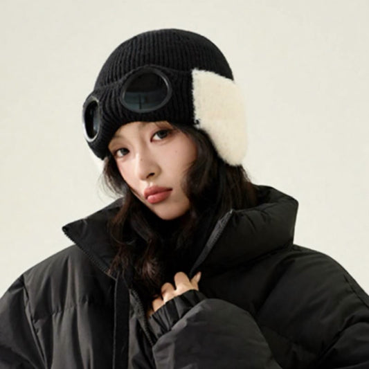 Fleece Lined Goggle Aviator Beanie - Black - One Size - image 0