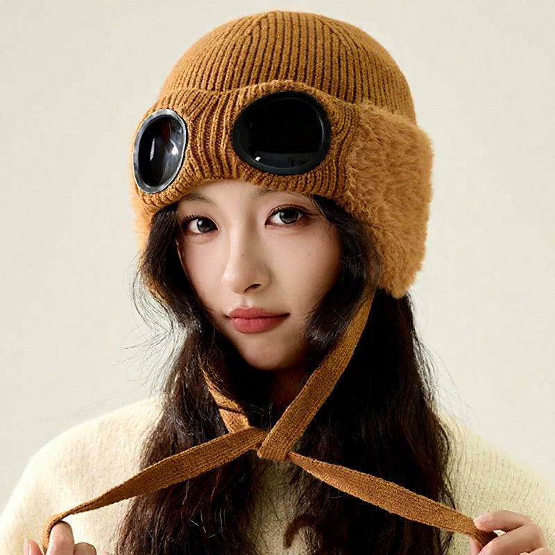 Fleece Lined Goggle Aviator Beanie - Caramel - One Size - image 6