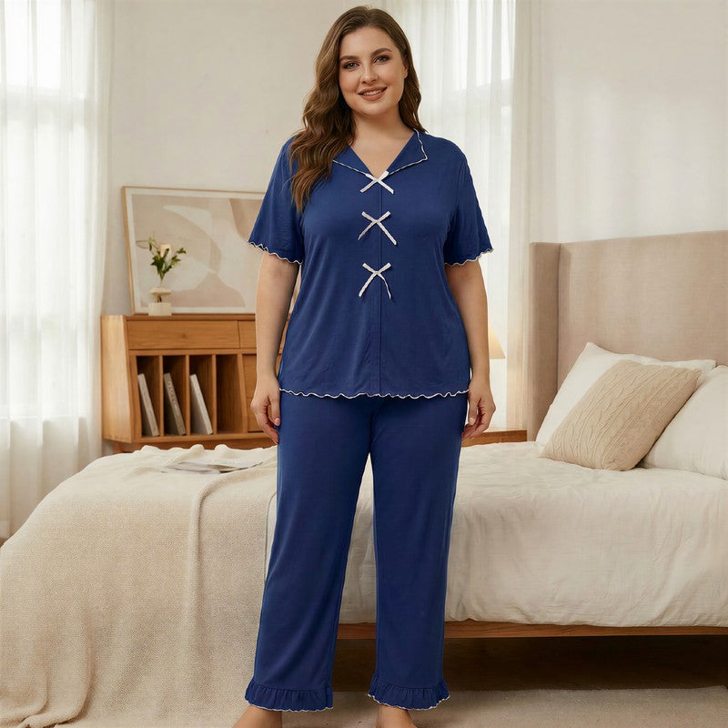 Classic Bow Trim Pajama Set - Blue - 5XL - image 5