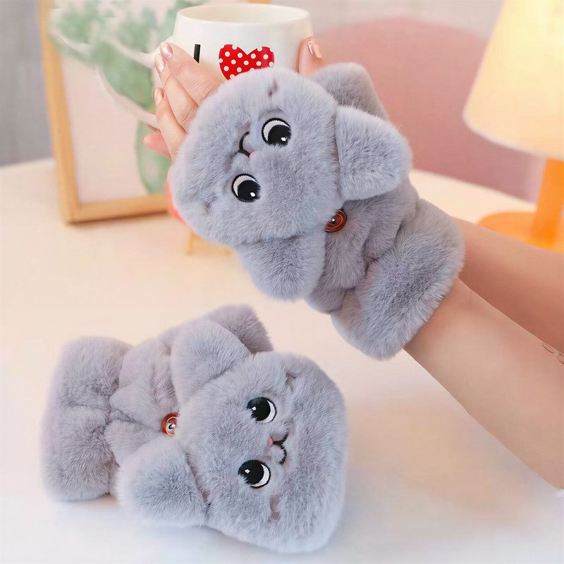 Cozy Cartoon Flip Top Gloves - Grey - One Size - image 5