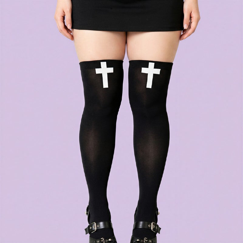 Gothic Cross Print Thigh High Socks(2 Pairs) - image 3