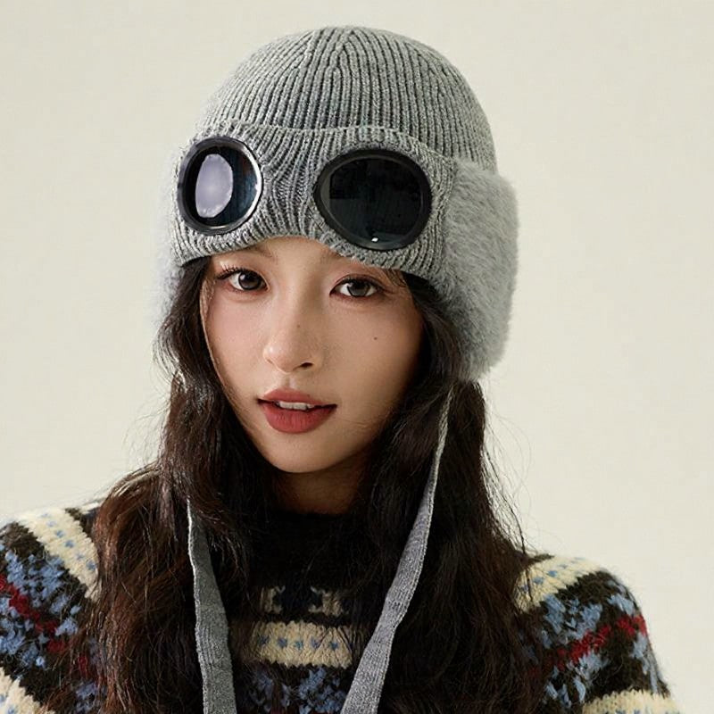 Fleece Lined Goggle Aviator Beanie - Grey - One Size - image 5