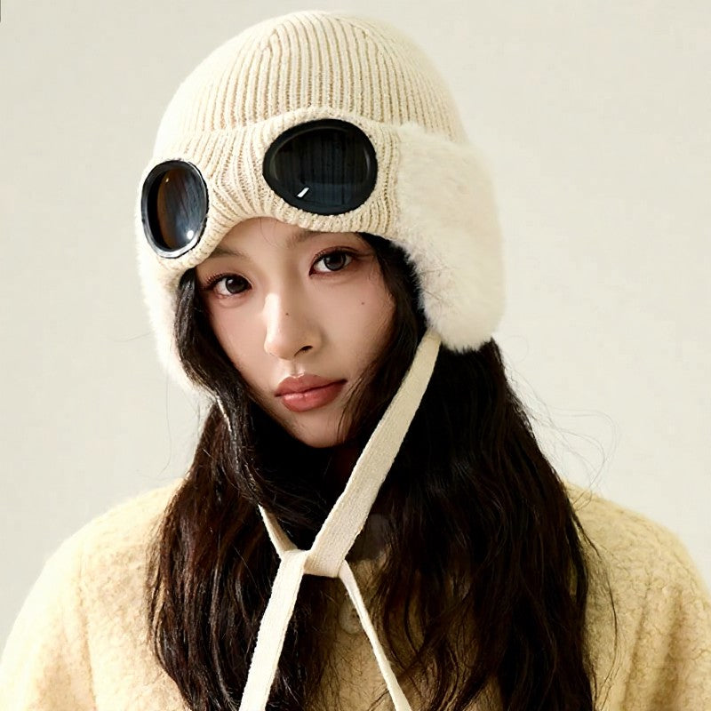 Fleece Lined Goggle Aviator Beanie - Beige - One Size - image 4