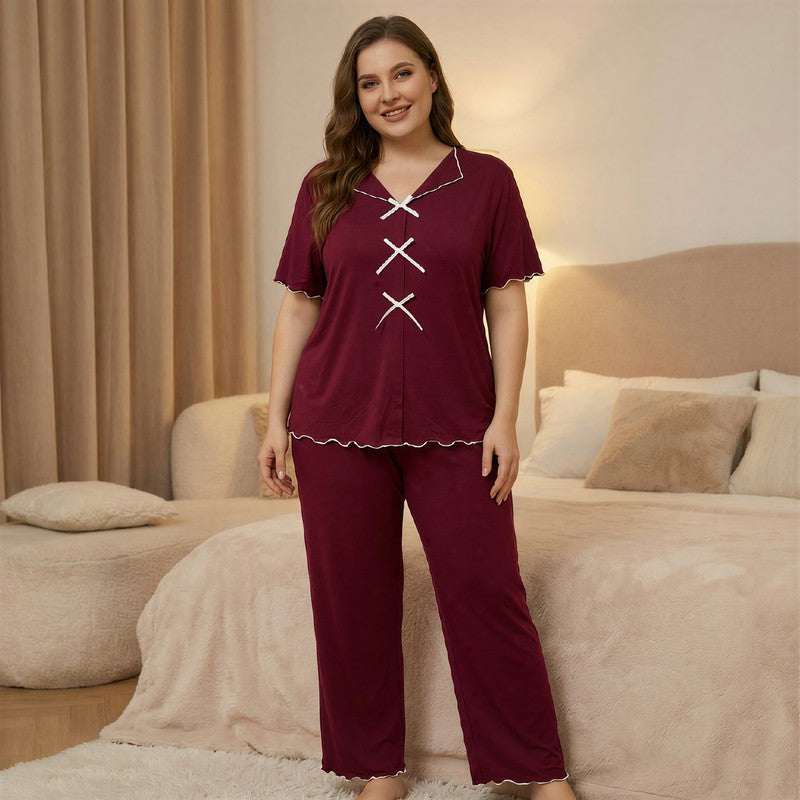 Classic Bow Trim Pajama Set - Wine - 5XL - image 1