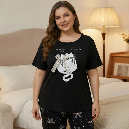 Soft Bow Cat Print Pajama Set - Black - 4XL - image 6