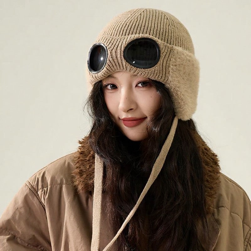 Fleece Lined Goggle Aviator Beanie - Khaki - One Size - image 1