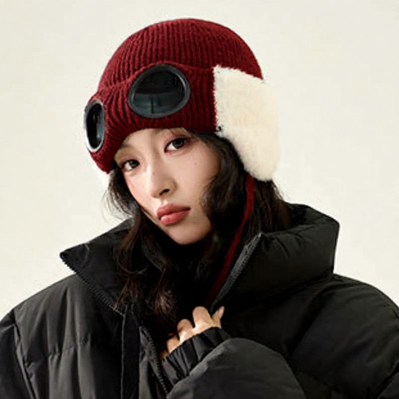 Fleece Lined Goggle Aviator Beanie - Wine - One Size - image 7