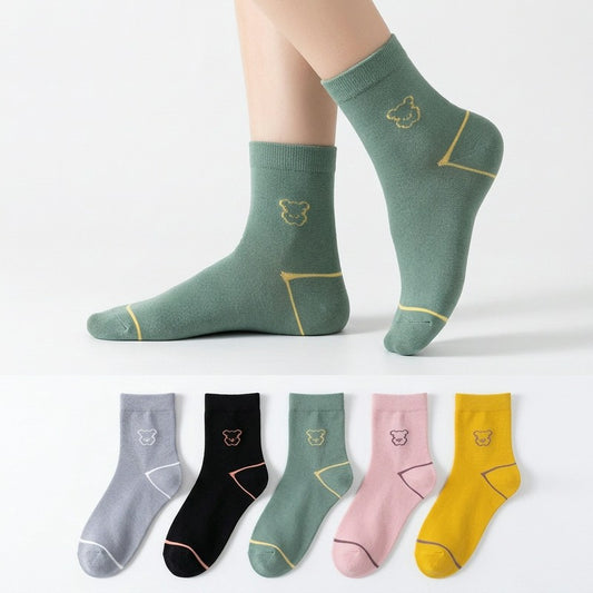 Cute Bear Embroidered Cotton Quarter  Socks(5 Pairs) - Multicolor - EU35-40(US2-7) - image 0